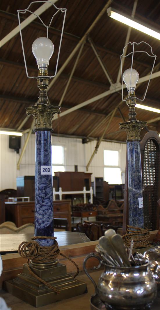 Pair of brass and marble table lamps